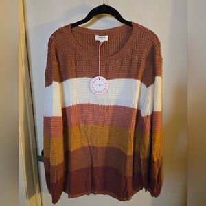 Umgee Women's Colorblock Sweater - Brown, White, Gold